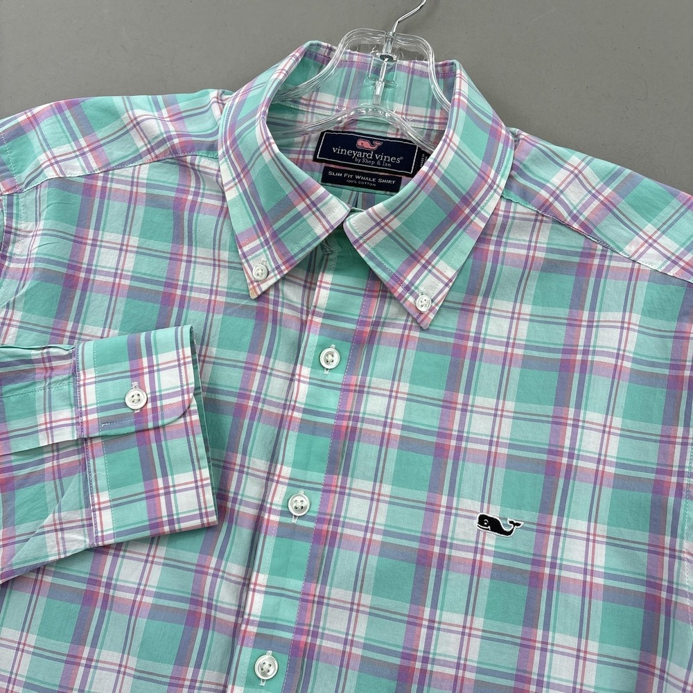 Vineyard Vines Shirt Mens Medium Green Pink Plaid Slim Fit Whale Button Up Prep